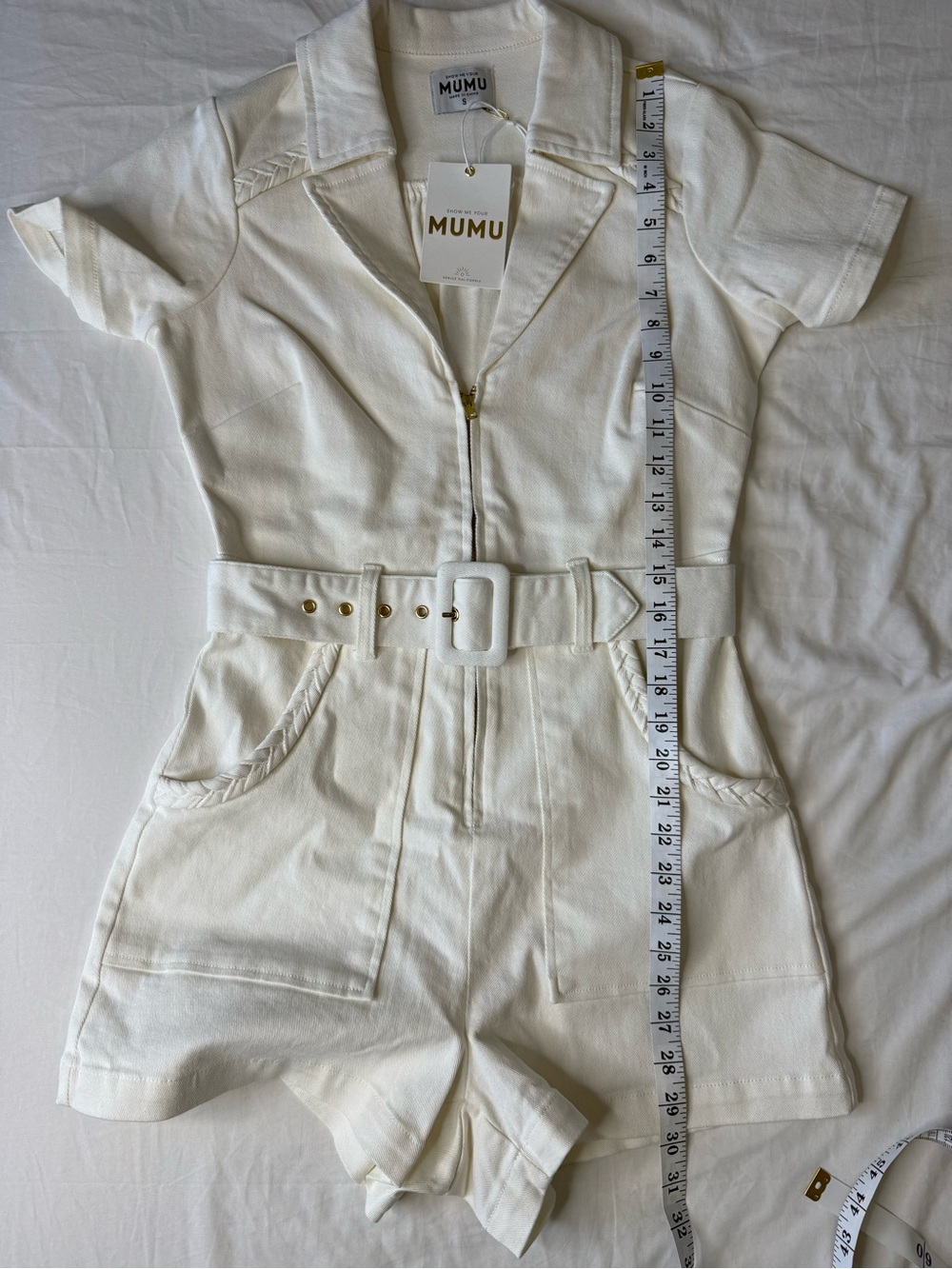 Show Me Your MuMu Outlaw Denim Romper Pearly White Small Revolve NWT - Picture 14 of 15